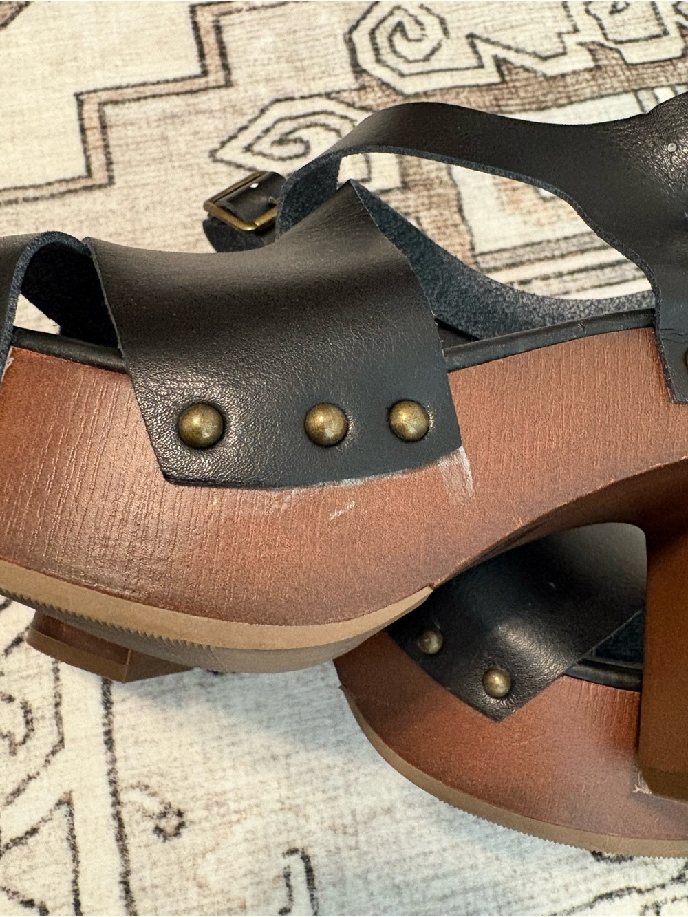 torrid Black Faux Leather Platform Sandals with Brown Wood-Effect Heel - Picture 6 of 9